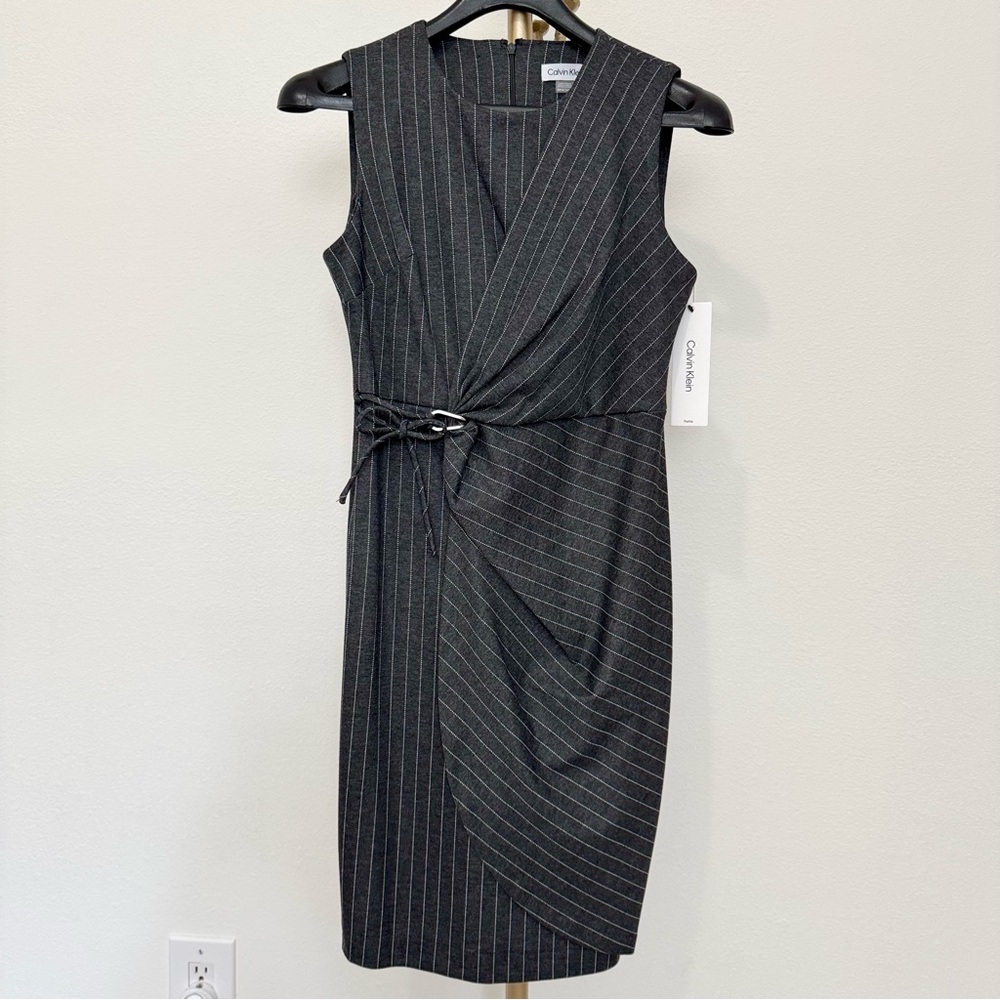 Calvin Klein Gray White Stripes Crew Neck Sleeveless Ruched Wrap Midi Dress, 4P